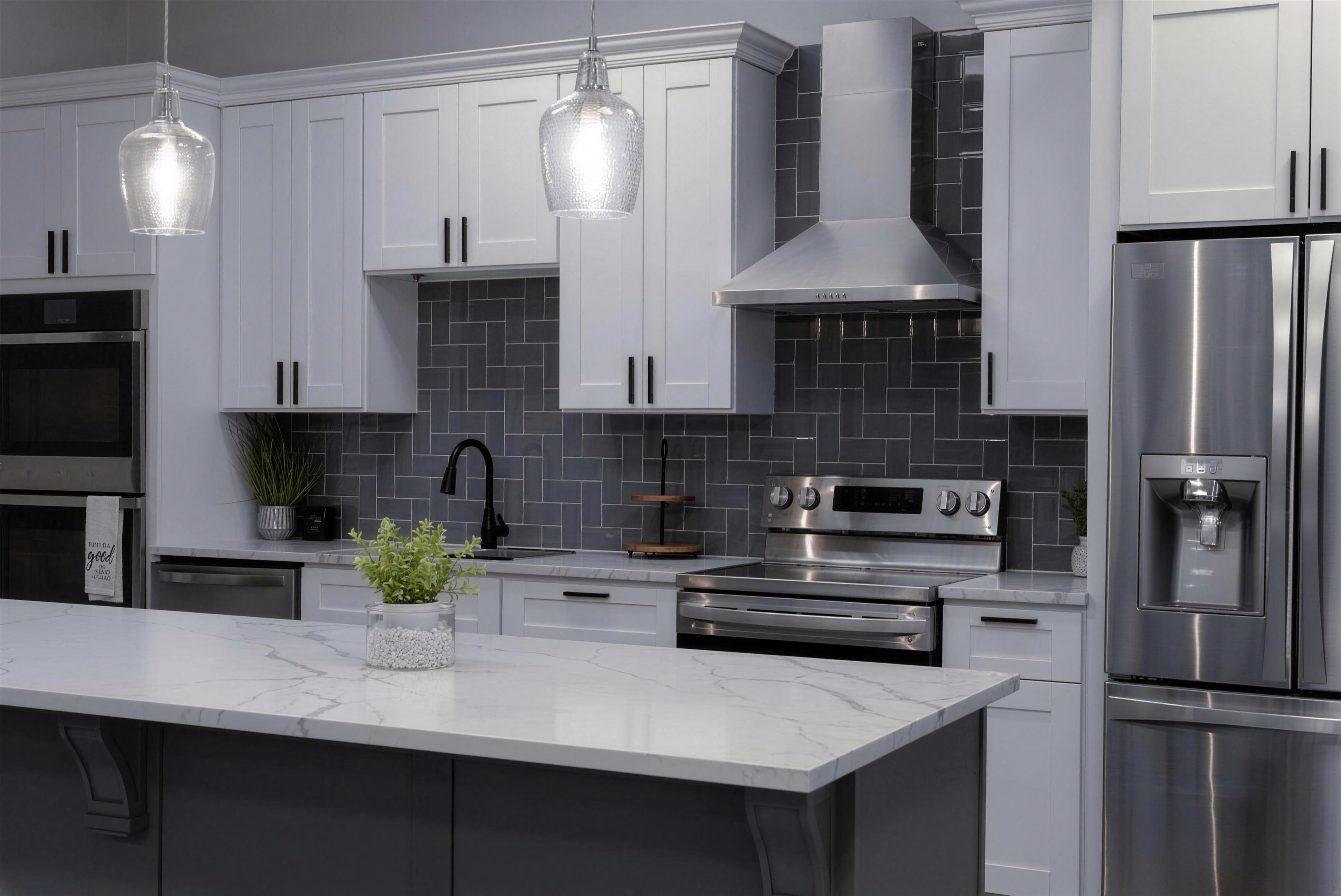 Finished white shaker kitchen with herringbone tile — MCB project, not a named install