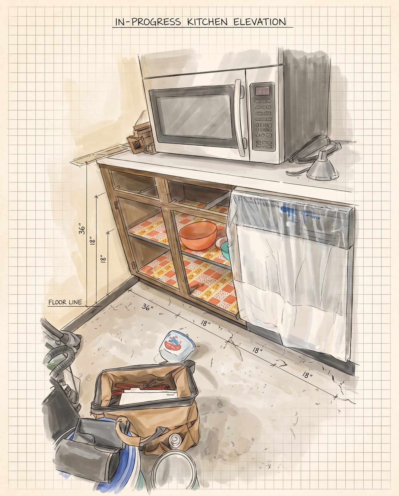 Illustrative drawing plate of old cabinet boxes still in a kitchen — not a named install