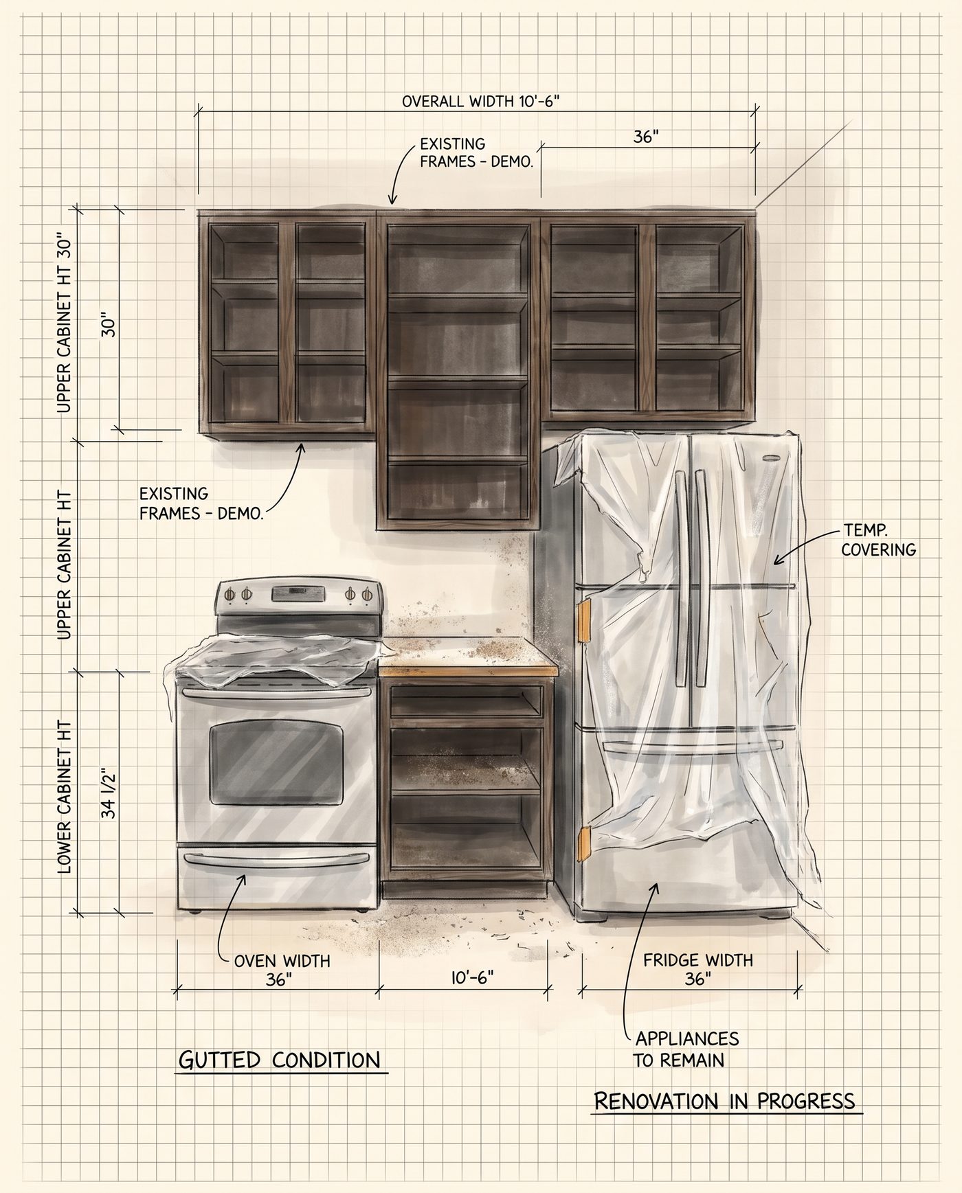 Illustrative drawing plate of a gutted kitchen during a house flip — not a named job