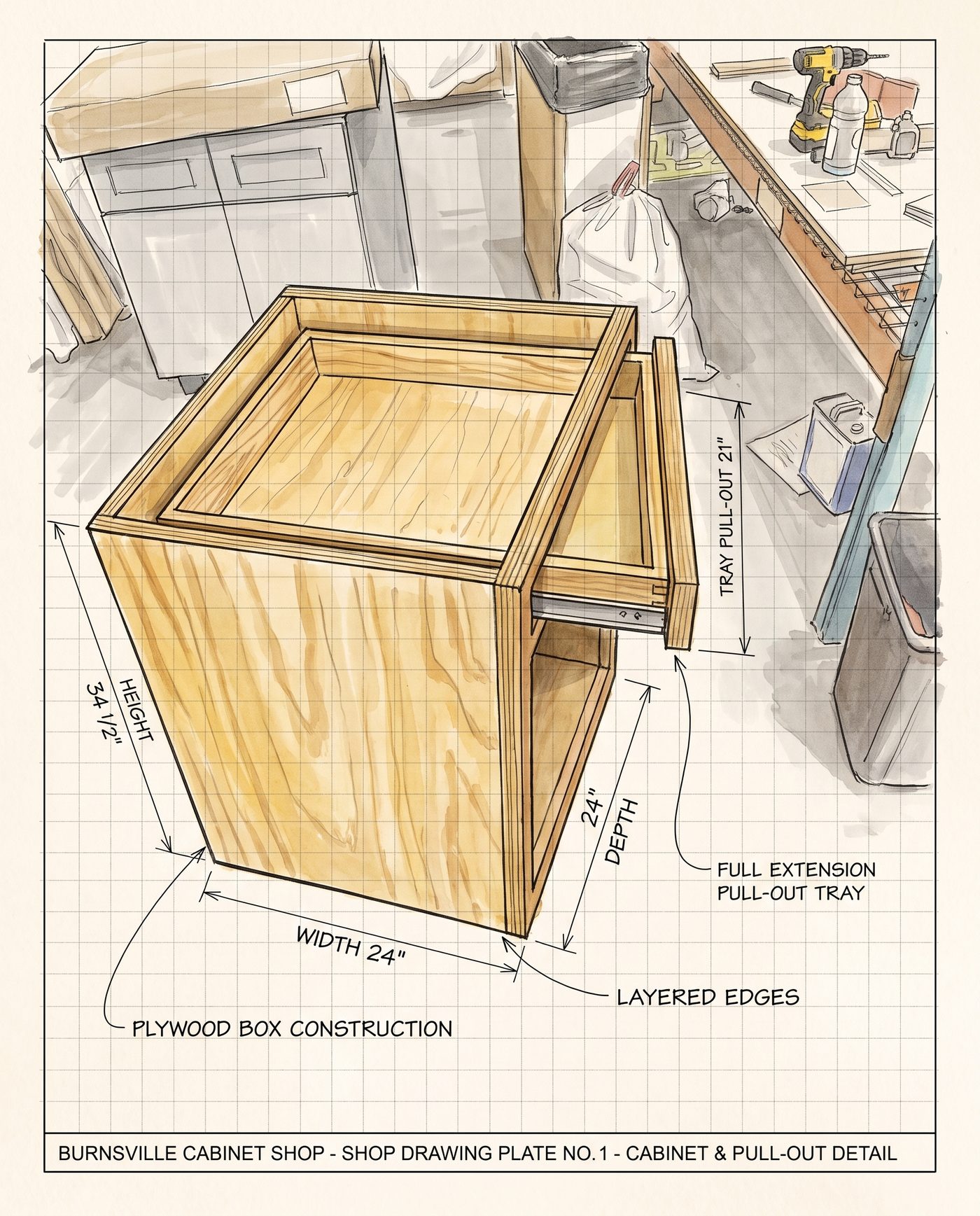Illustrative drawing plate of a plywood cabinet box on the Burnsville shop floor