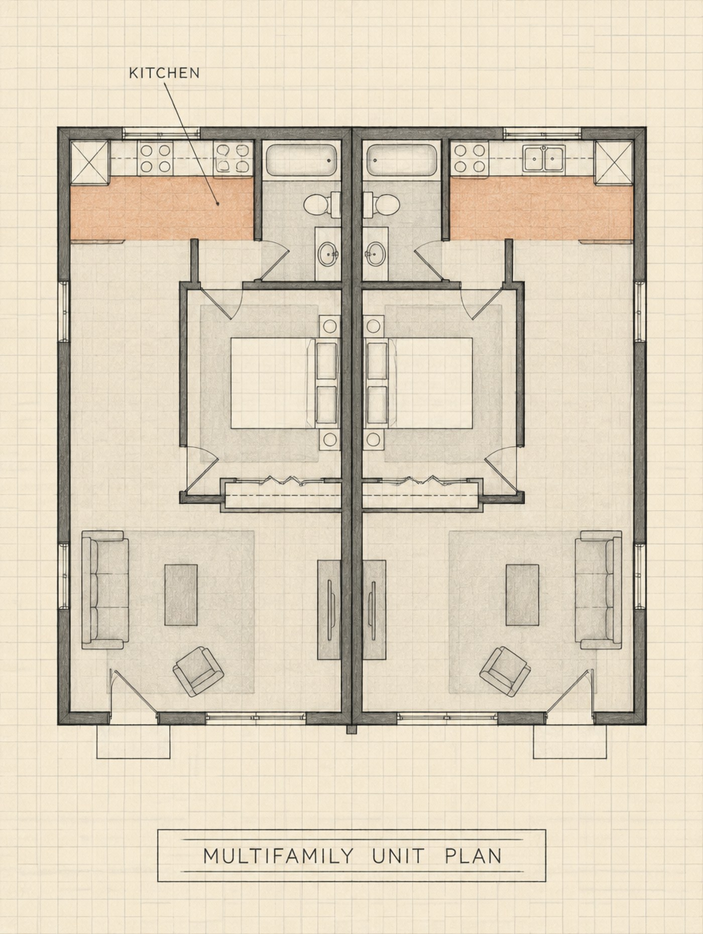 Illustrative floor plan of a repeated multifamily unit with the kitchen marked, not a named job